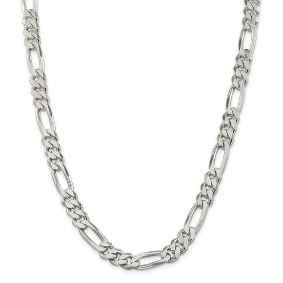 Men's 9mm, Sterling Silver, Solid Figaro Chain Necklace, 18 Inch
